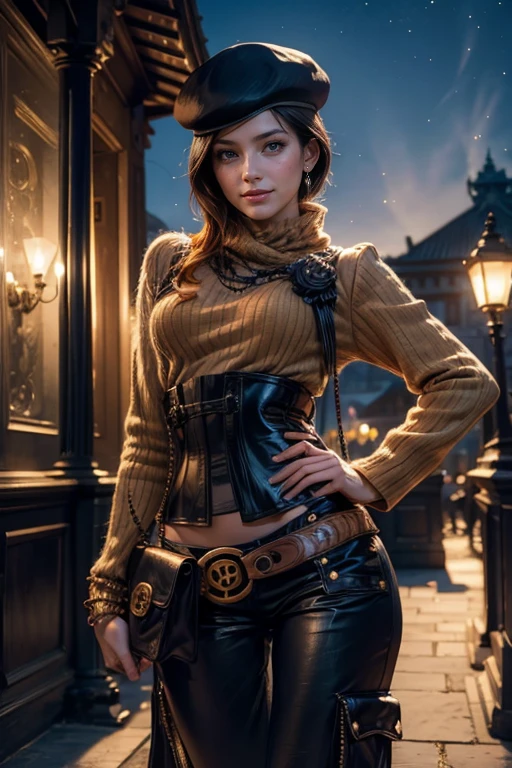 (masterpiece,stunning girlfriend, (standing:1.1), dynamic pose, heart shaped face, elegant face, beautiful face, highly detailed face, highly detailed skin, skin pores, subsurface scattering, realistic pupils, loving smile, looking at viewer, full face blush, full lips, detailed background, depth of field, atmospheric perspective, volumetric lighting, sharp focus, absurdres, realistic proportions, good anatomy, (realistic, hyperrealistic:1.4), 16k hdr, (masterpiece, best quality:1.2), cowboy shot, solo, 1girl, coco adel, grin, looking at viewer, hand on hip, beret, orange sweater, corset, black gloves, pants, jewelry, belt, bandolier, night, moon, standing in palace grounds, crowds wearing armour, ((sfw))