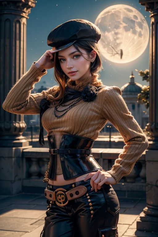 (masterpiece,stunning girlfriend, (standing:1.1), dynamic pose, heart shaped face, elegant face, beautiful face, highly detailed face, highly detailed skin, skin pores, subsurface scattering, realistic pupils, loving smile, looking at viewer, full face blush, full lips, detailed background, depth of field, atmospheric perspective, volumetric lighting, sharp focus, absurdres, realistic proportions, good anatomy, (realistic, hyperrealistic:1.4), 16k hdr, (masterpiece, best quality:1.2), cowboy shot, solo, 1girl, coco adel, grin, looking at viewer, hand on hip, beret,  orange sweater, corset, black gloves, pants, jewelry, belt, bandolier, night, moon, standing in palace grounds, crowds wearing armour, ((sfw))