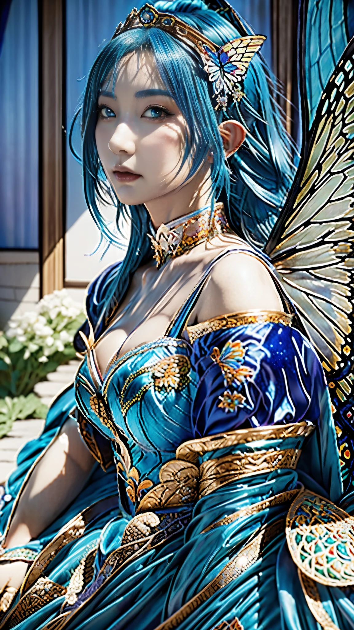 a close up of a woman with blue hair and a butterfly costume, extremely detailed artgerm, artgerm. high detail, a beautiful fantasy empress, ((a beautiful fantasy empress)), artgerm detailed, beautiful and elegant elf queen, 8k high quality detailed art, 2. 5 d cgi anime fantasy artwork, 4 k detail fantasy