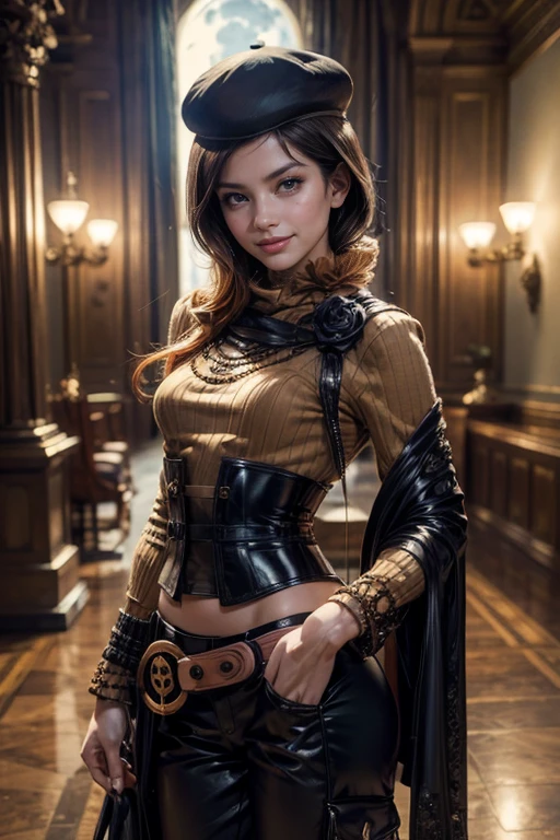 (masterpiece,stunning girlfriend, (standing:1.1), dynamic pose, heart shaped face, elegant face, beautiful face, highly detailed face, highly detailed skin, skin pores, subsurface scattering, realistic pupils, loving smile, looking at viewer, full face blush, full lips, detailed background, depth of field, atmospheric perspective, volumetric lighting, sharp focus, absurdres, realistic proportions, good anatomy, (realistic, hyperrealistic:1.4), 16k hdr, (masterpiece, best quality:1.2), cowboy shot, solo, 1girl, coco adel, grin, looking at viewer, hand on hip, beret, orange sweater, corset, black gloves, pants, jewelry, belt, bandolier, night, moon, standing in castle, crowds wearing armour, ((sfw))