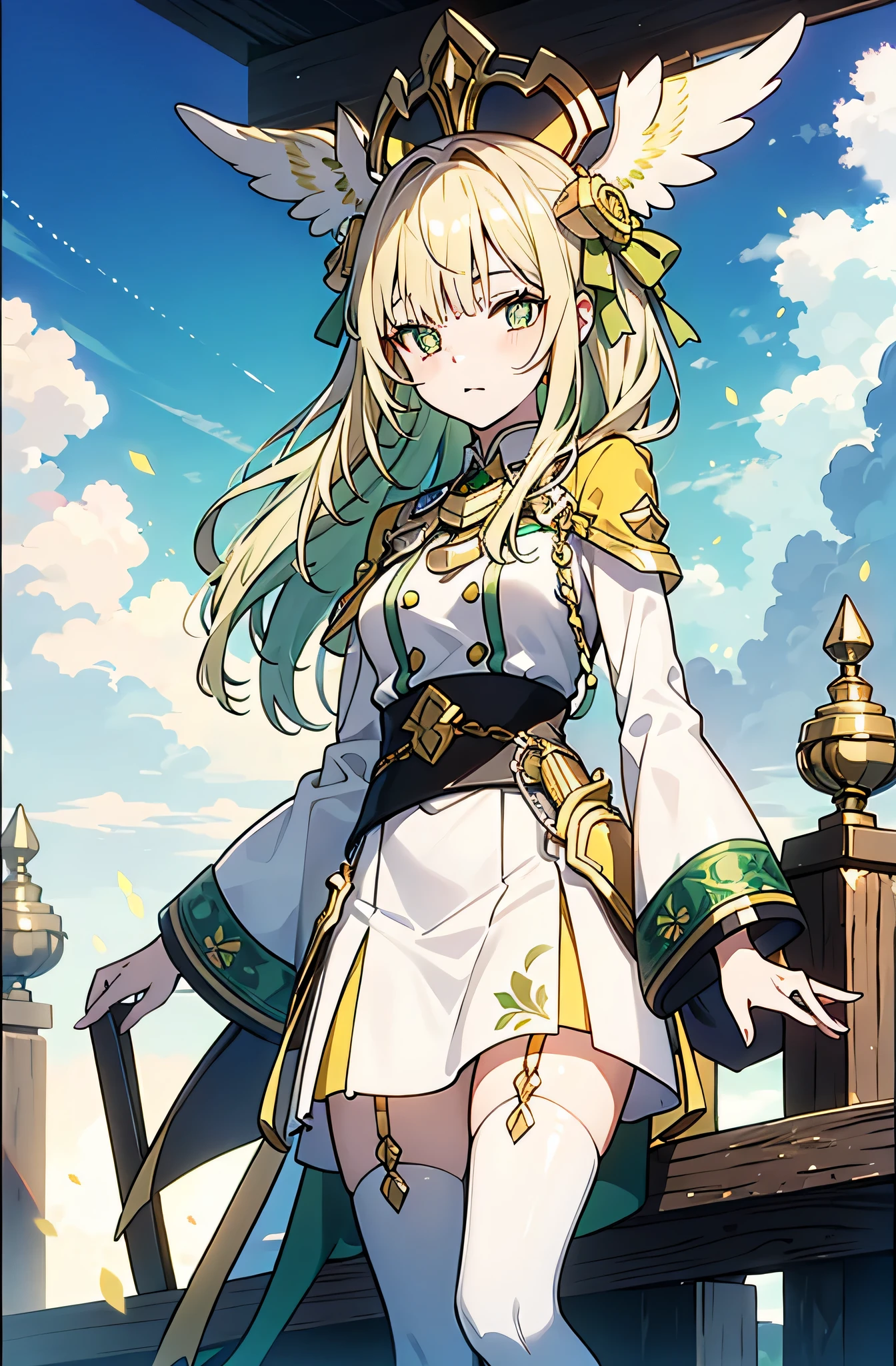 greenish-yellow hair，Yellow-green pupils，Green and yellow white clothes are decorated with gold and silver ornaments，She is a natural cute girl