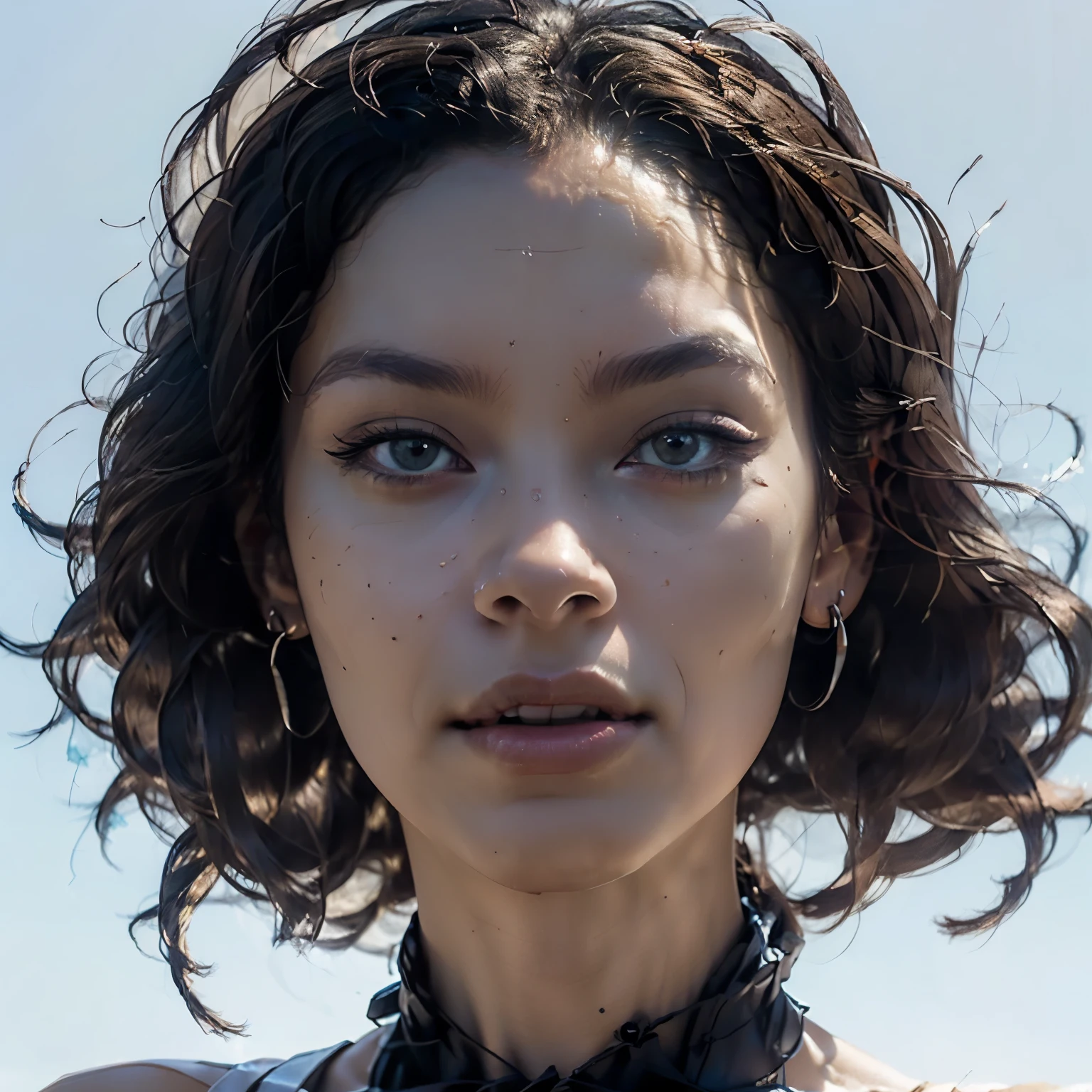 Beautiful dark-skinned African American woman in nature. A close-up of a modern dark-skinned girl with neatly styled afro braids on her head looks into the future, with a virtual reality device in front of her eyes. Blue background, advertising of a high-tech product. Digital technologies, virtual reality, network services. Beautiful girl close-up, in virtual space. Highest quality, 16K. FUL SD, cinematic rendering., brown hair, dreadlocks, slight smile, surrealism, futurism, romanticism, ray tracing, backlighting, bloom, high quality