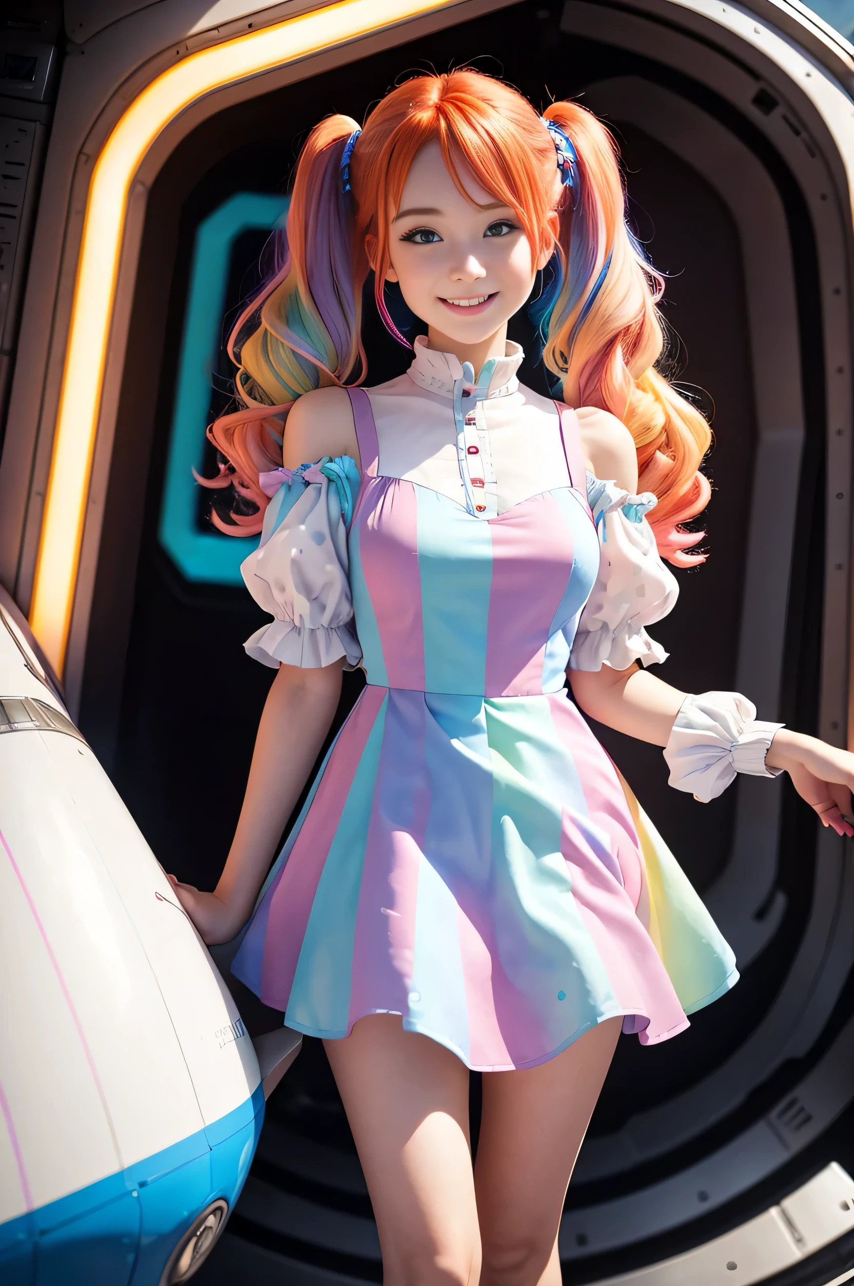 Cute redhead with rainbow colored hair tips, ribbons in her hair, 18-year-old woman, happy, smiling, in twin tails, perfect eyes, clear sparkling blue eyes, pale skin, silky smooth skin, flying a fancy metal luxurious space ship, futuristic cockpit, she's a pilot, outer space, stars in background, dark warm lighting, wearing a futuristic party dress, pleated (chemise) mini dress (pastel rainbow colors, and polka dots), puffy sleeves, silk, wearing full body pantyhose, cute short cut booties.