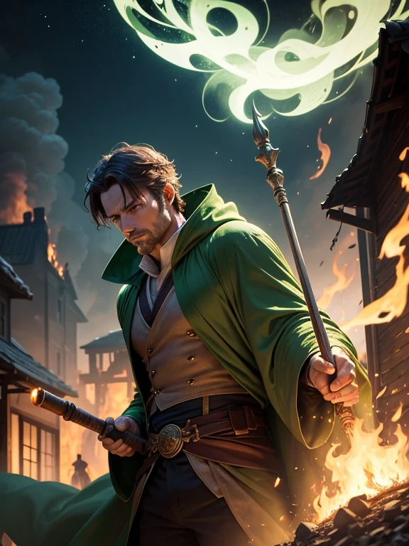 A 35 year old man, wearing a large green robe, holding a large magic staff above his head giving off fire, destroying a town in the distance
