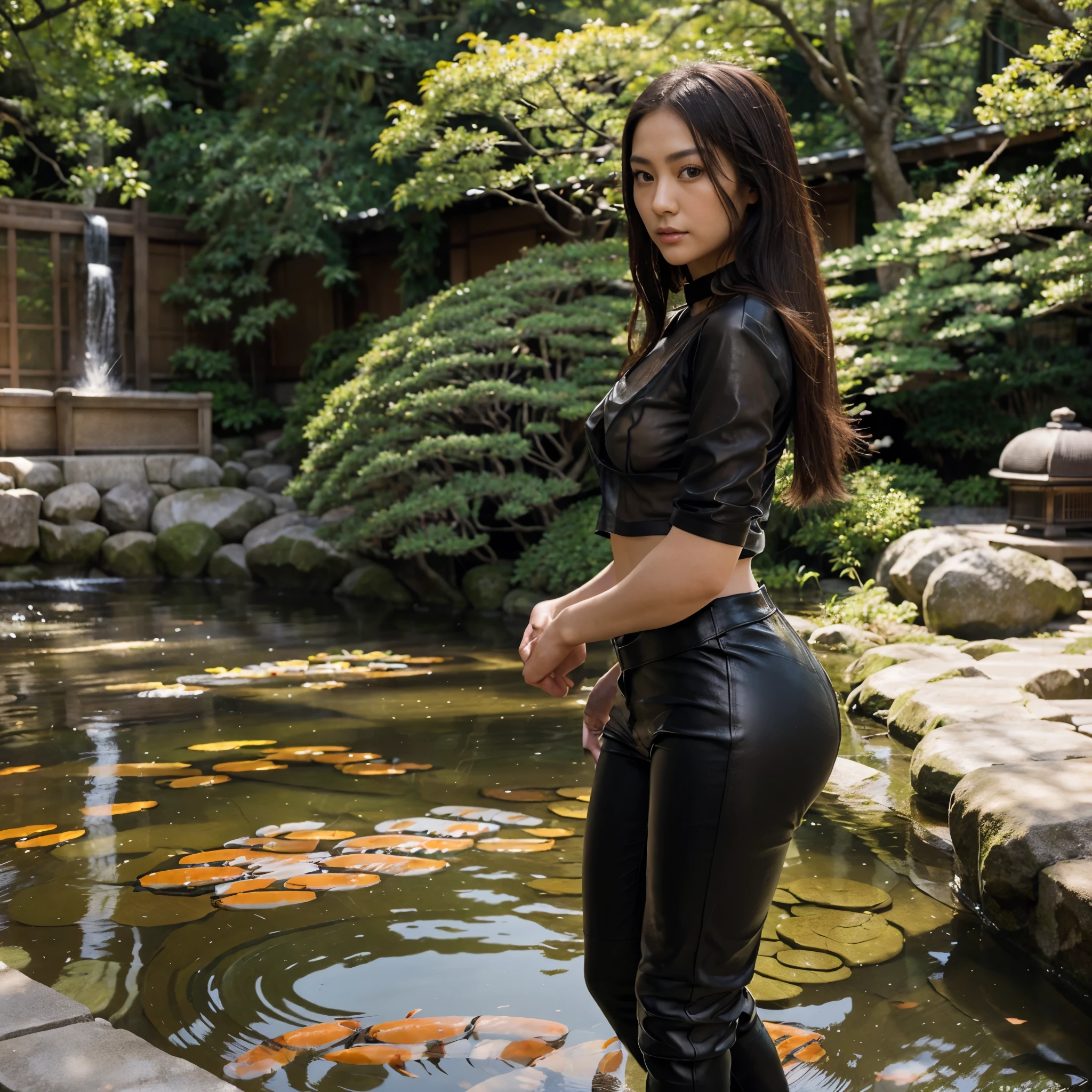 (highly detailed stunningly gorgeous 25 year old Japanese woman in a (( Leather Pants and Sheer Top))), pale skin, brown eyes, looking at the camera , (A serene garden with traditional Japanese elements like koi ponds, cherry blossoms, and stone pathways), long curly hair, (perfect eyes:1.2), (perfect face:1.2), perfect hands, (perfect fingers:1.2), (perfect legs:0.5), (toned physique:1.2), high quality RAW photograph, hyper detailed, hyper realistic, amazing and beautiful, Hasselblad 35mm lens, ISO 400, face in frame, character centered in frame