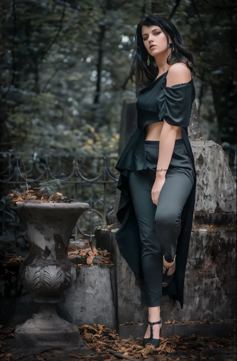 a woman in a black dress stands on a stone ledge, wear modern gothic clothes, photo of cinematic outfit, Elegant girl in urban attire, Woman in the Dark Forest, Gothic girl, dressed in black, Gothic style, Gothic outfit, sensual, Gloomy style, ornate dark green clothing, Dark clothing, Gloomy model looks up, Cyberpunk outfit, Gothic style