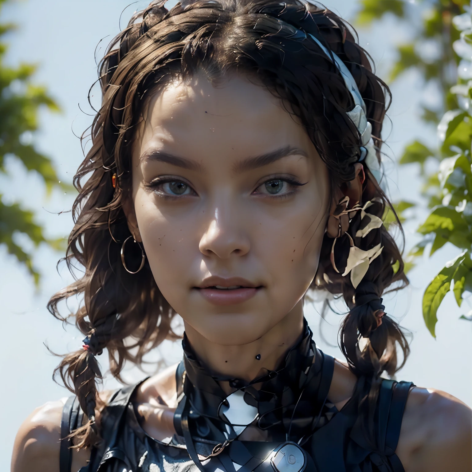 Beautiful dark-skinned African American woman in nature. A close-up of a modern dark-skinned girl with neatly styled afro braids on her head looks into the future, with a virtual reality device in front of her eyes. Blue background, advertising of a high-tech product. Digital technologies, virtual reality, network services. Beautiful girl close-up, in virtual space. Highest quality, 16K. FUL SD, cinematic rendering., brown hair, dreadlocks, slight smile, surrealism, futurism, romanticism, ray tracing, backlighting, bloom, high quality
