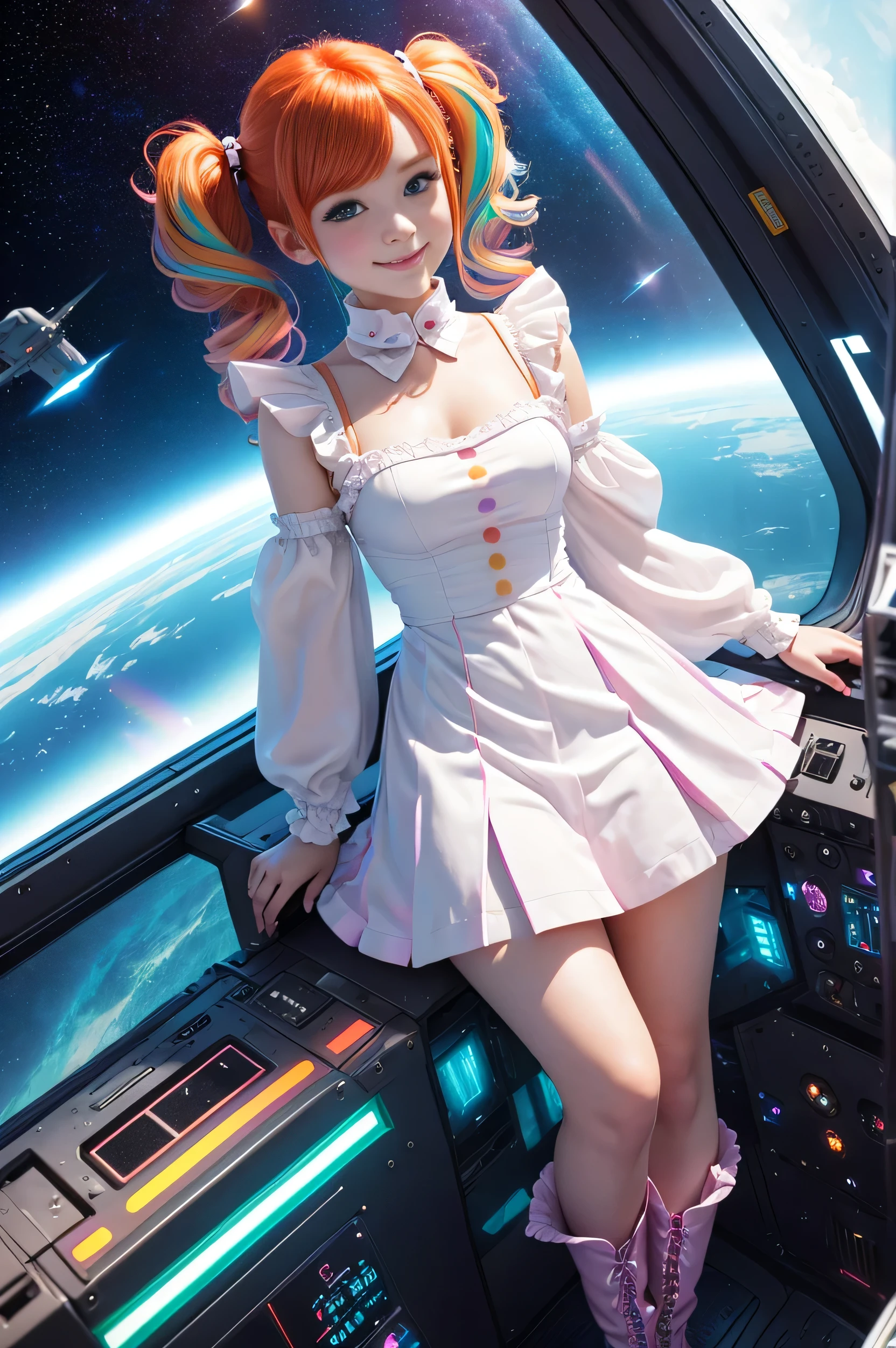 (overhead view) Cute redhead with rainbow colored hair tips, ribbons in her hair, 18-year-old woman, happy, smiling, in twin tails, perfect eyes, clear sparkling blue eyes, pale skin, silky smooth skin, flying a fancy metal luxurious space ship, futuristic cockpit, she's a pilot, outer space seen in windows, dark warm lighting, wearing a futuristic party dress, pleated (chemise) mini dress (pastel rainbow colors, and polka dots), puffy sleeves, silk, pantyhose, cute short cut booties, boots.
