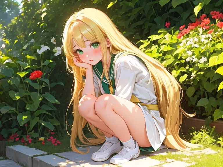 (masterpiece, highest quality), 1 girl, alone, face, parted lips, looking at the viewer, light blush, 軽い笑face, long eyelashes, blonde hair, long hair down to waist, straight hair, Patsun bangs, green eyes, , white skin, outdoor, garden, sunlight, sailor suit, , small perky breasts, suggest something sexual、full body composition,
