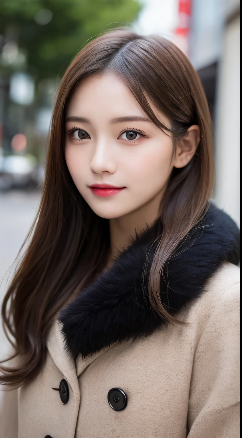 table top, highest quality, shape, Super detailed, finely, High resolution, 8k wallpaper, 完璧なダイナミックな構shape, beautiful and detailed eyes, Gorgeous and stylish black fluffy latest trend Tokyo winter clothes,ランダムなcute髪,small breasts,natural color lip, bold sexy pose,smile、20 year old girl、cute、sexy shot looking at camera,Always blur the background,perfect and beautiful face,Take only the face,beautiful and detailed face、slim face and style,Big eyes、Do gal makeup,real photos、luxury brand mink coat