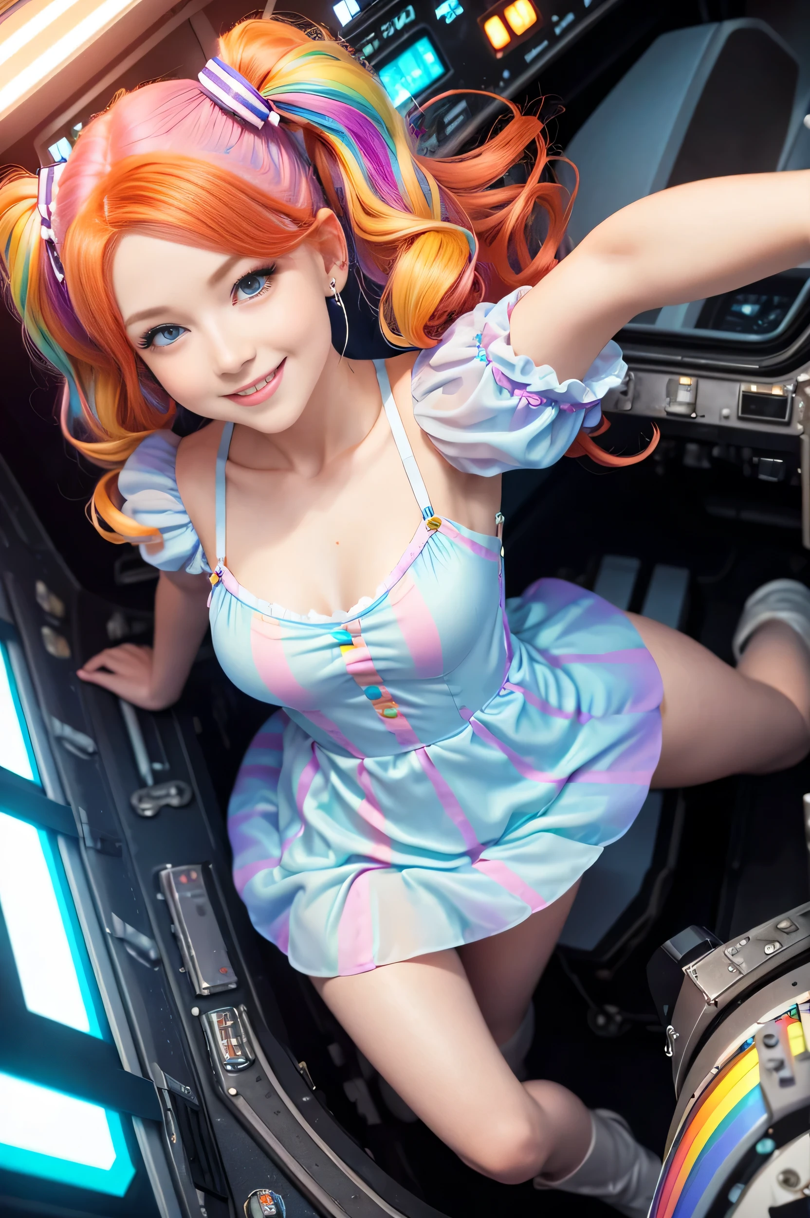 (overhead view) Cute redhead with rainbow colored hair tips, ribbons in her hair, 18-year-old woman, happy, smiling, in twin tails, perfect eyes, clear sparkling blue eyes, pale skin, silky smooth skin, flying a fancy metal luxurious space ship, futuristic cockpit, she's a pilot, outer space seen in windows, dark warm lighting, wearing a futuristic party dress, pleated (chemise) mini dress (pastel rainbow colors, and polka dots), puffy sleeves, silk, pantyhose, cute short cut booties, boots.