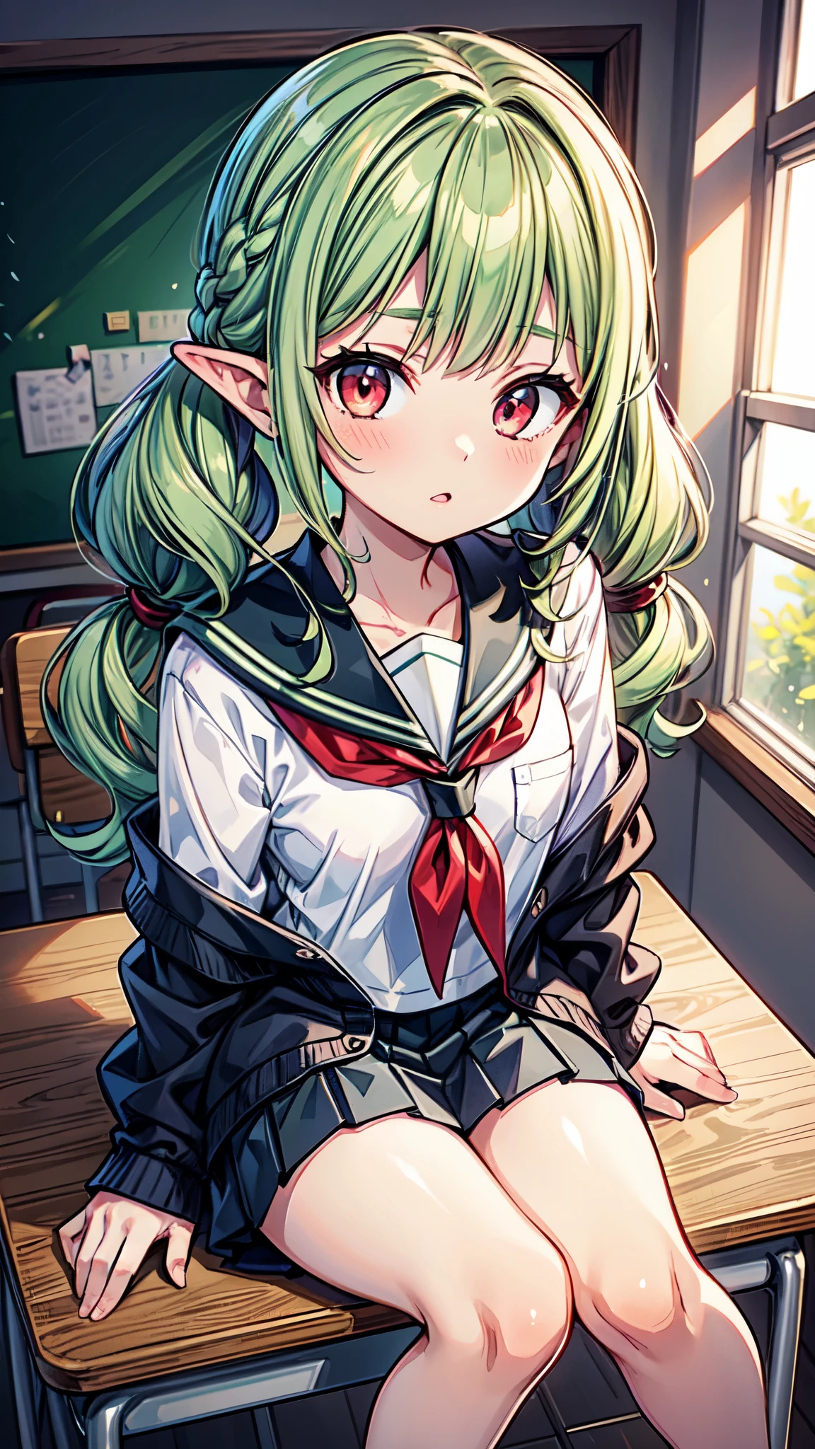 masterpiece, best quality, extremely detailed, detailed background, detailed face, BREAK 1girl, (wavy hair, light green hair, light red eyes, long eyelashes:1.3), french braid, braid, very long hair, short girl, parted lips, blush, narrow body, (looking at viewer:1.2), , raised eyebrow, blunt bangs, parted bangs, pointy ears, BREAK serafuku, open cardigan, argyle, low twintails, round eyes, BREAK (facing viewer:1.2), sitting on school desk, BREAK (from above:1.1), pov, close-up, (fisheye:1.1), classroom, dappled sunlight, crossed legs, dusk, cinematic lighting