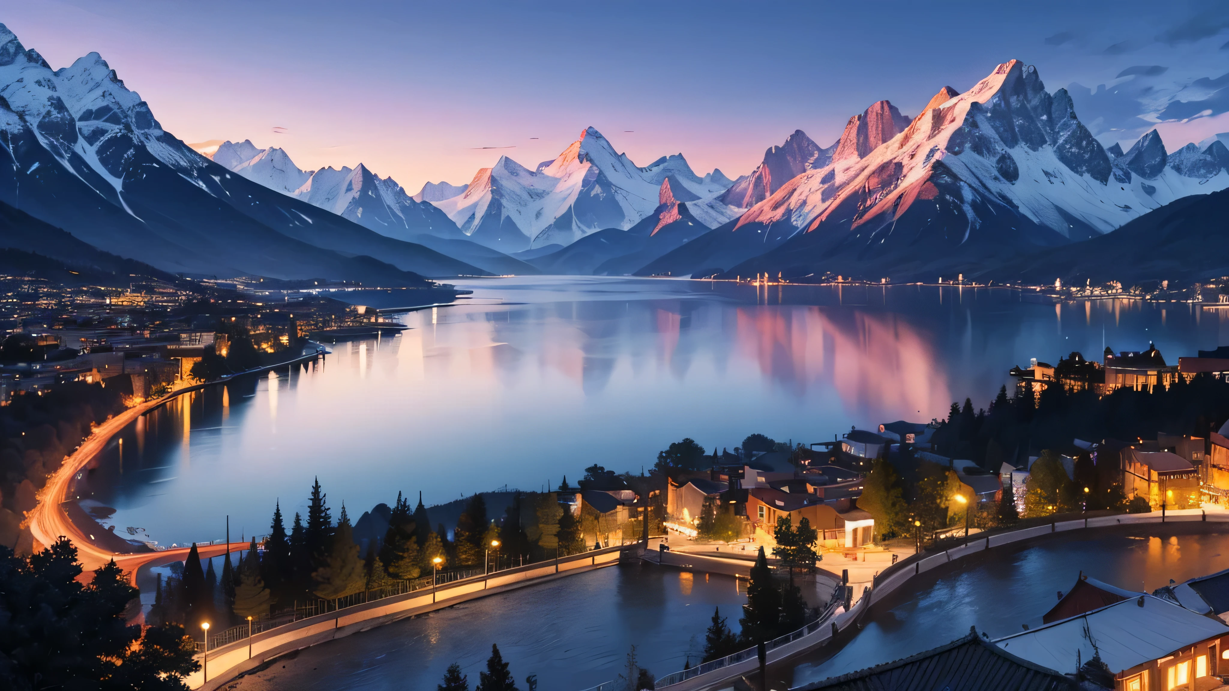 night, Mountain range in the background, the lake in front of the mountains, An ancient city glows on the other side of the lake