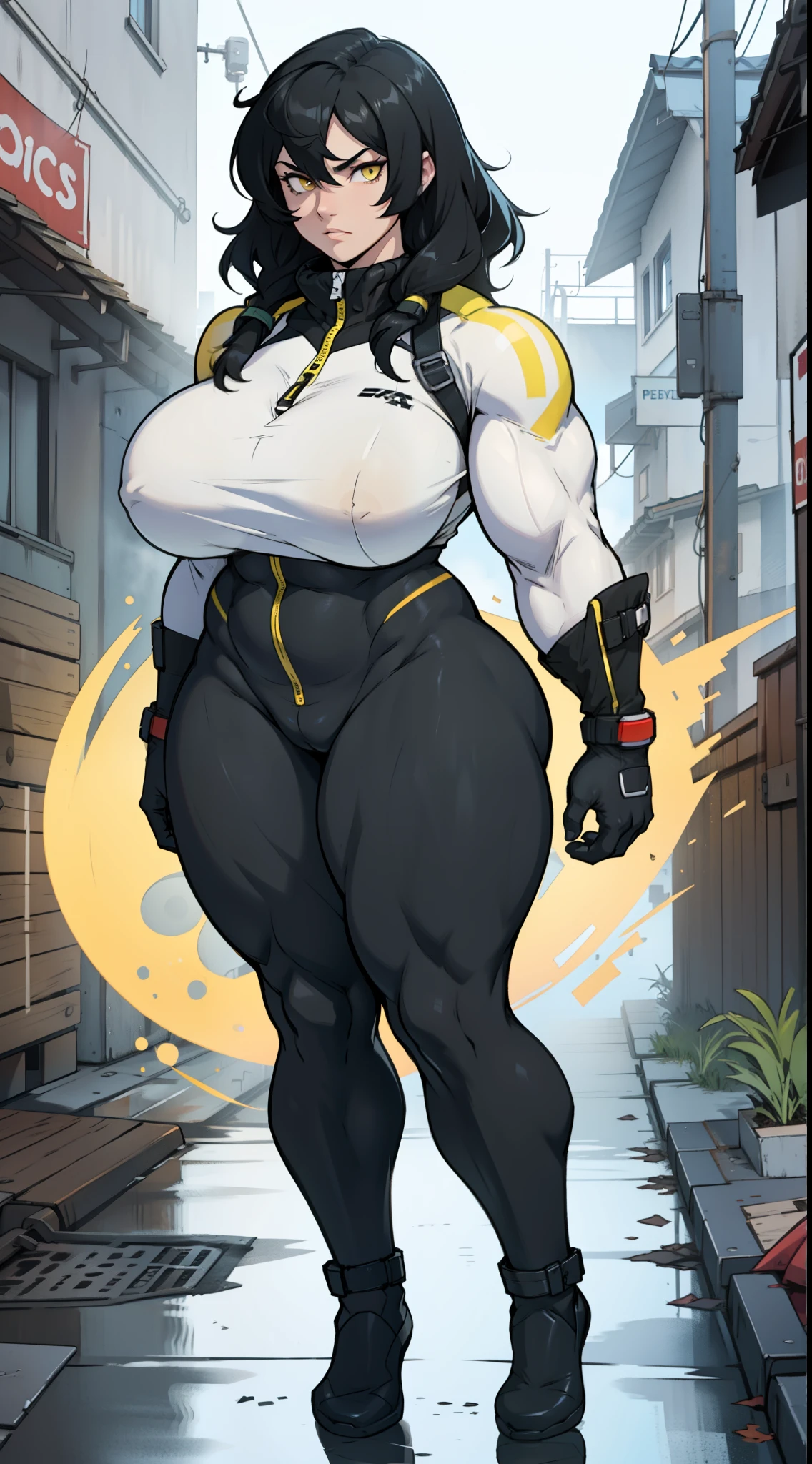 girl huge muscles brests huge thighs breasts black hair yellow eyes pale full body skintight