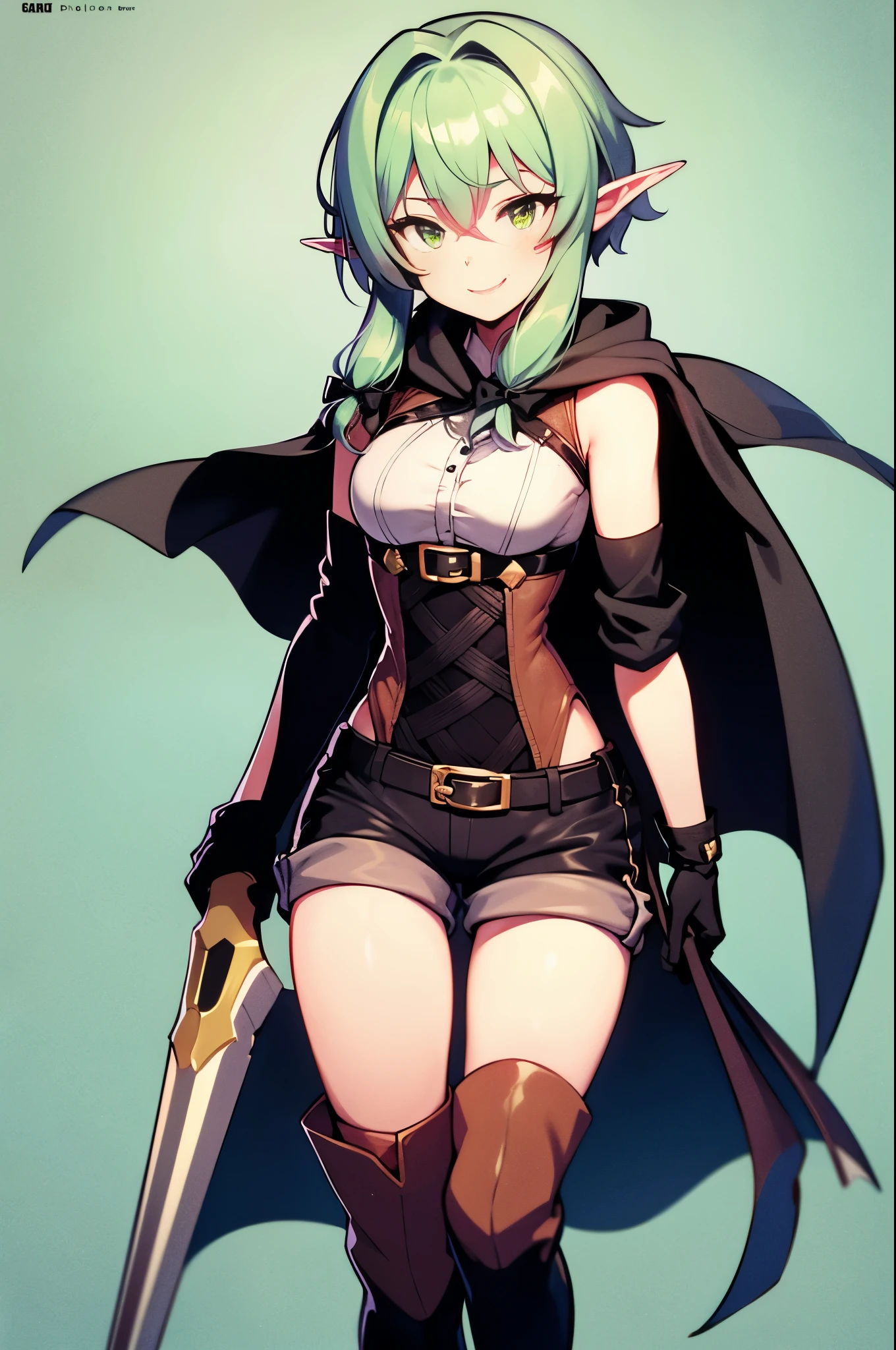 1girl, black_gloves, black_thighhighs, boots, bow, bow_(weapon), cloak, elf, gloves, goblin_slayer!, green_eyes, green_hair, hair_between_eyes, hair_bow, high_elf_archer_(goblin_slayer!), highres, hood, hooded_cloak, kannatsuki_noboru, lips, long_hair, long_pointy_ears, low_ponytail, pointy_ears, quiver, scan, short_shorts, shorts, sidelocks, simple_background, single_sleeve, smile, solo, thigh_boots, thighhighs, very_long_hair, weapon, white_background