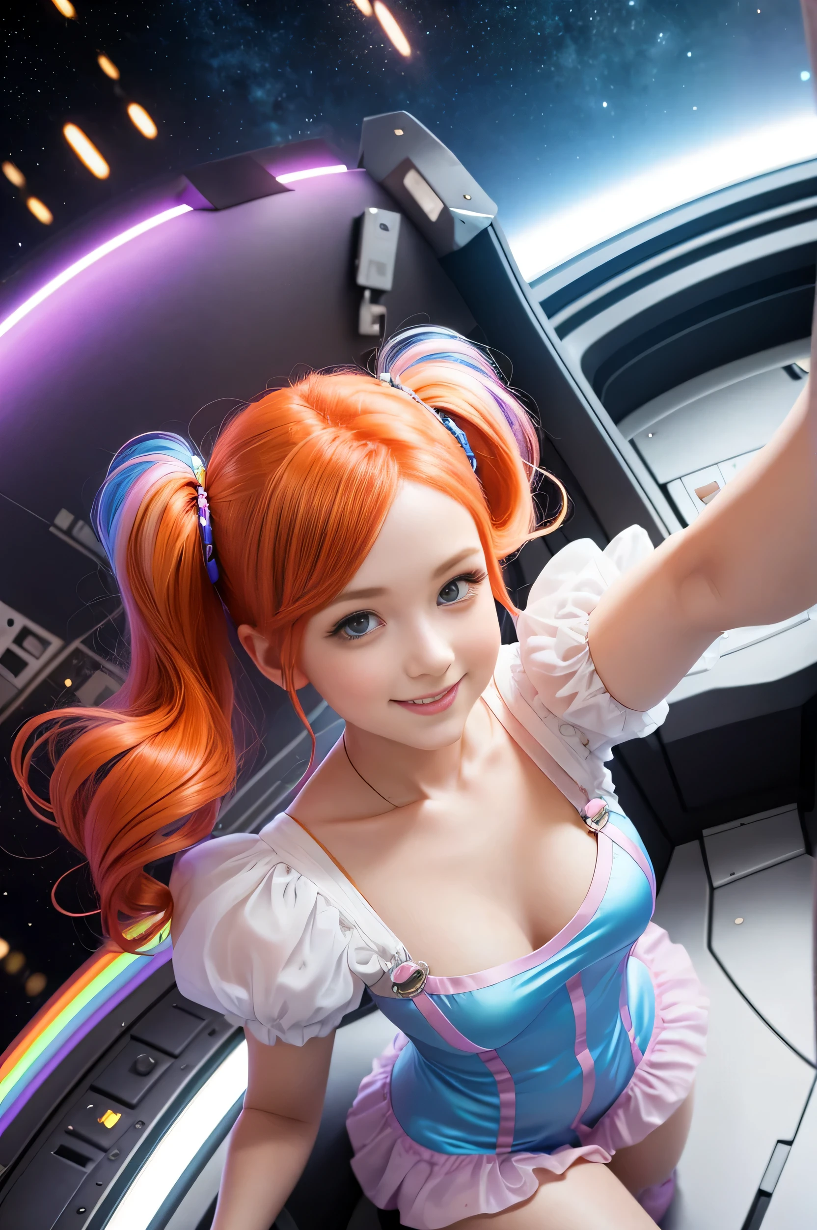 (overhead view) Cute redhead with rainbow colored hair tips, ribbons in her hair, 18-year-old woman, happy, smiling, in twin tails, perfect eyes, clear sparkling blue eyes, pale skin, silky smooth skin, flying a fancy metal luxurious space ship, futuristic cockpit, she's a pilot, outer space seen in windows, dark warm lighting, wearing a futuristic party dress, pleated (chemise) mini dress (pastel rainbow colors, and polka dots), puffy sleeves, silk, pantyhose, cute short cut booties, boots.