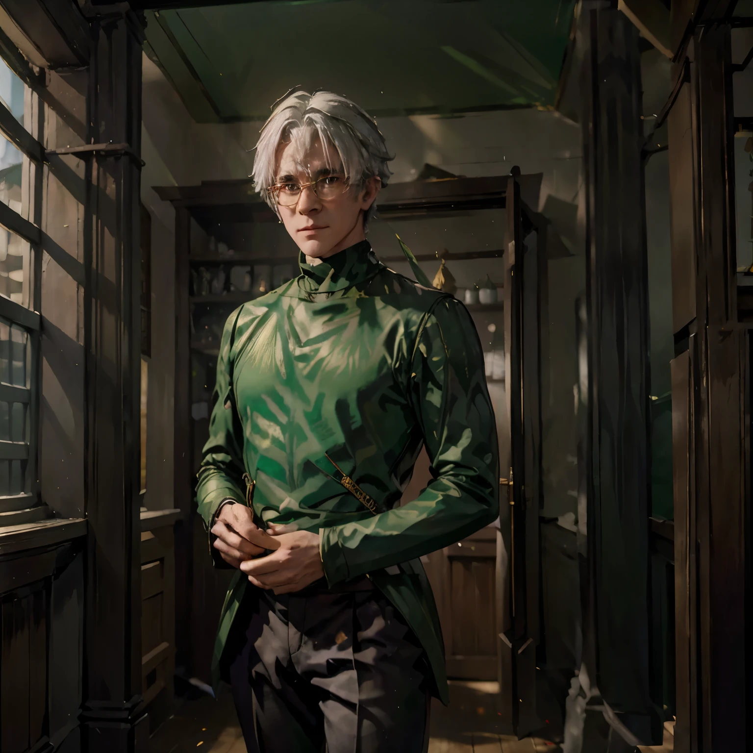 Ozpin, man, Wizard of Oz, glasses, small nose, sharp features green suit, white hair, Headmaster, school, magic, art, handsome, Rwby, anime, gold, green, turtleneck, walking cane, kindness, father figure. 