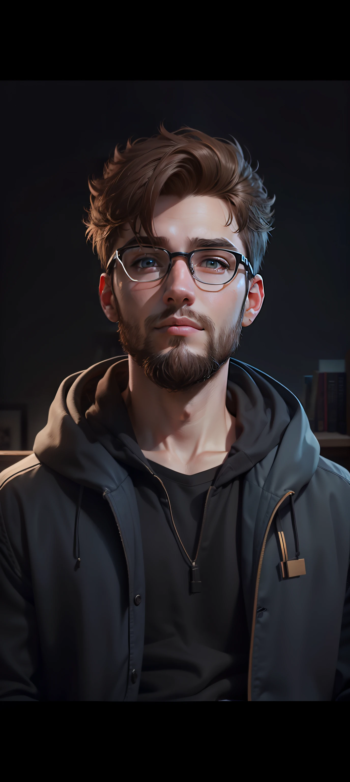 Um rapaz de 25 anos com cabelos castanhos, olhos azuis e barba curta. sitting at a desk looking at the camera, 8k, friendly 3D animated style, bookshelf and a plant in the background warm cinematic lighting