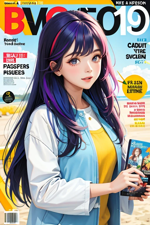 masterpiece, best quality, spring outfit, colorful hair, outdoor, magazine cover ,upper body,