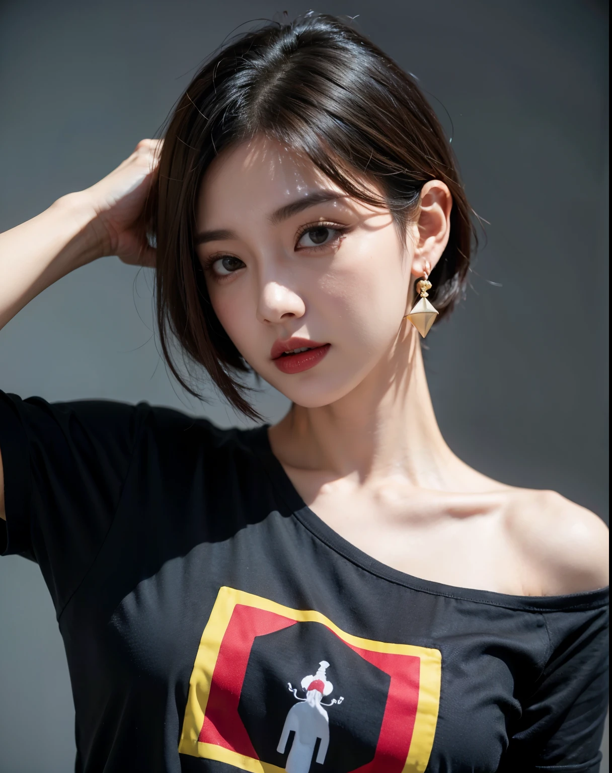 1 girl, T-shirt, alone, earrings, jewelry, short hair, upper_body, Wacky angles、