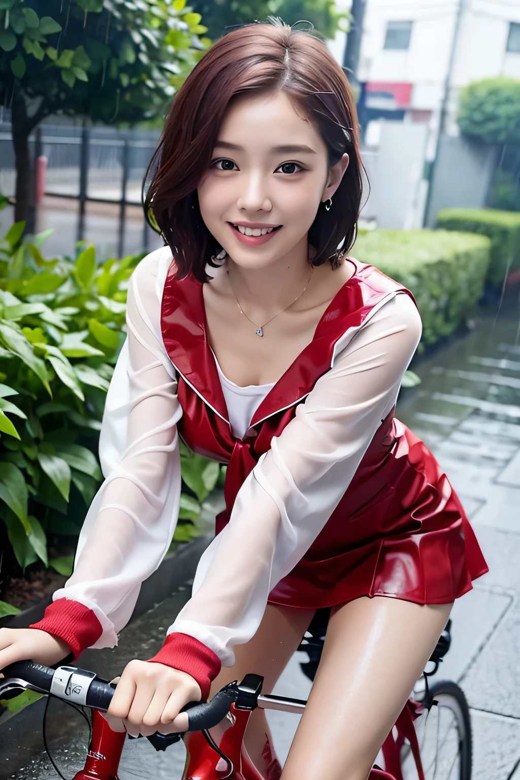 girl alone in the rain、blush、((Red Bicycle))、((Riding a bicycle and smiling))、look at the audience、heavy rain、big and full breasts、A sheer white sailor suit that sticks to your chest when wet、skirt、Girl in Japan uniform and girl in the rain 、Pedaling a bike in the rain、Floral、hairpin、necklace、earrings、Getting wet and leaning forward、look up from below、written boundary depth、尖ったred mouth、short hair of reddish-brown color wet and shiny,,,,,,red mouth,black eye、clavicle、beautiful fingers、hourglass body、full body portrait、Loosen your tie、cute wet face、