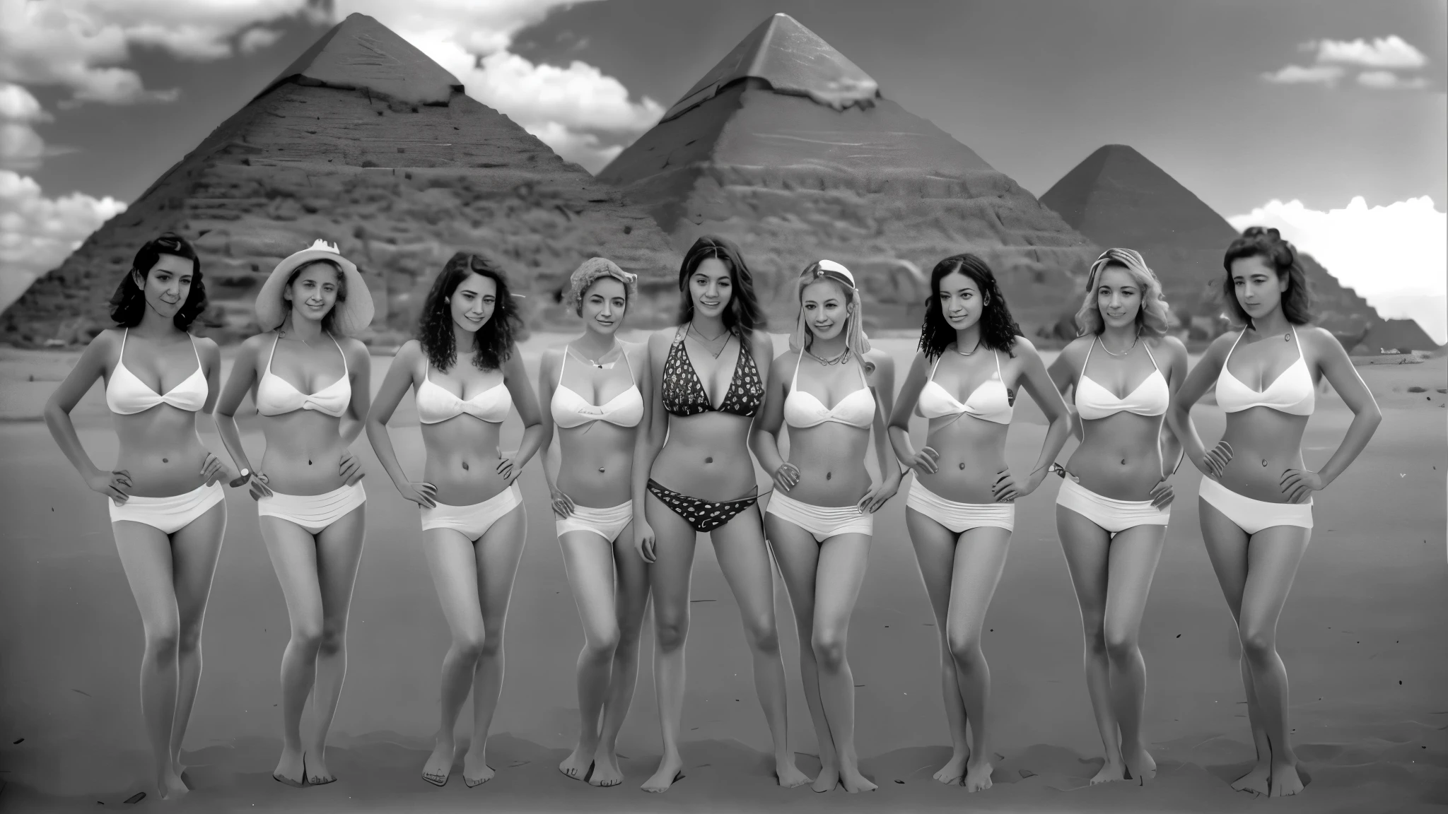a group of women standing next to each other in bikinis, at the center a woman wearing American sign swimsuit a colorized photo by Myra Landau, cg society, serial art, Egyptian background, black and white image, pyramid at the background, realistic image, 16k resolution, hyper resolution, pyramids in background, inspired by Peter Lindbergh, egyptian, old image from 1946, caught on camera in 1946, old image, realistic image, 16k resolution, a group of women standing next to each other in bikinis, wearing American sign swimsuit a colorized photo by Myra Landau, cg society, serial art, Egyptian background, black and white image, pyramid at the background, realistic image, 16k resolution, hyper resolution, very detailed faces, fix the fingers, very detailed fingers