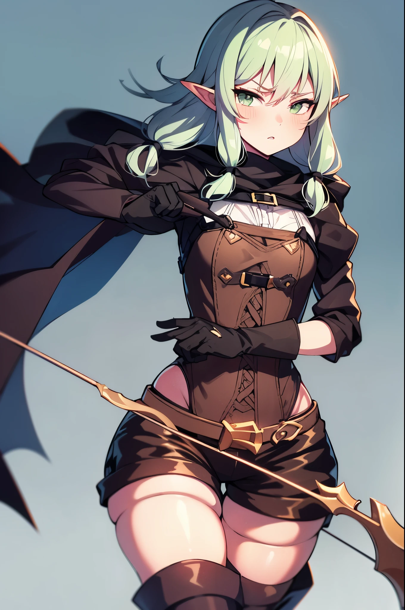 1girl, arrow_(projectile), asymmetrical_sleeves, black_gloves, black_thighhighs, blonde_hair, blush, boots, bow_(weapon), brown_cloak, cloak, commentary_request, cowboy_shot, elf, fighting_stance, gloves, goblin_slayer!, green_eyes, green_vest, hair_between_eyes, hair_ribbon, high_elf_archer_(goblin_slayer!), holding, holding_bow_(weapon), holding_weapon, hood, hood_down, leg_belt, long_hair, looking_at_viewer, parted_lips, pointy_ears, purple_background, quiver, ready_to_draw, ribbon, ryota_tentei, shirt, short_shorts, shorts, sidelocks, skindentation, solo, standing, thigh_boots, thighhighs, thighhighs_under_boots, tress_ribbon, uneven_sleeves, vest, walking, weapon, white_shirt