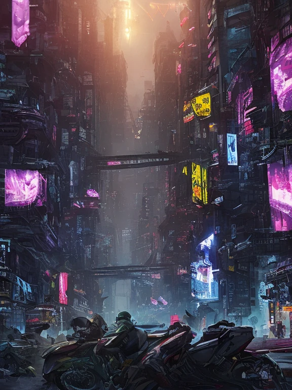 best quality,4k,8k,highres,masterpiece:1.2,ultra-detailed,realistic:1.37,sci-fi,dystopian,neon lights,grimy streets,skyscrapers,hovering cars,cybernetic enhancements,dark alleys,wireframe holograms,futuristic technology,vivid colors,gloomy atmosphere,urban chaos,dilapidated buildings,glitch effects,artificial intelligence,synthetic humans,retro-futurism,night scene,high-tech cityscape,loud music,nightlife,street vendors,smoke-filled air,hidden mysteries,crowded markets,interconnected networks,transparent screens,robotic police,underground resistance,hacked billboards,imposing corporate headquarters,rebels with laser guns,flying drones,bionic implants,shadowy figures,luminous tattoos,industrial wasteland,cosmic energy,advanced transportation,high-speed trains,architectural marvels,surreal landscapes,cyberpunk fashion,hacktivist movement,offset color tones,hauntingly beautiful.