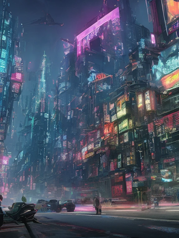 best quality,4k,8k,highres,masterpiece:1.2,ultra-detailed,realistic:1.37,sci-fi,dystopian,neon lights,grimy streets,skyscrapers,hovering cars,cybernetic enhancements,dark alleys,wireframe holograms,futuristic technology,vivid colors,gloomy atmosphere,urban chaos,dilapidated buildings,glitch effects,artificial intelligence,synthetic humans,retro-futurism,night scene,high-tech cityscape,loud music,nightlife,street vendors,smoke-filled air,hidden mysteries,crowded markets,interconnected networks,transparent screens,robotic police,underground resistance,hacked billboards,imposing corporate headquarters,rebels with laser guns,flying drones,bionic implants,shadowy figures,luminous tattoos,industrial wasteland,cosmic energy,advanced transportation,high-speed trains,architectural marvels,surreal landscapes,cyberpunk fashion,hacktivist movement,offset color tones,hauntingly beautiful.