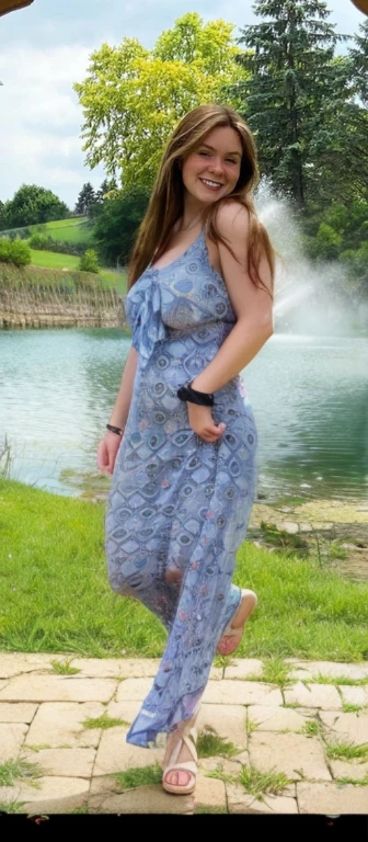 arafed woman in a blue dress standing in front of a pond, wearing a flowing sundress, wearing a flowing dress, wearing in a summer dress, long blue dress, flowing dress, blue swirling dress, wearing a long flowery dress, wearing sundress, wearing a long flowy fabric, sundress, cute sundress, Big tits, huge tits, no clothes, sexy, cute, wide hips, thick thighs, pear-shaped body, minimal clothes, thick, bbw, chubby stomach, thick nipples, nipple piercings, large areola, hard nipples, piercing through shirt, nipples hard through shirt, busty, major cleavage, naked, ripping through top, spilling over sides, bra too tight, giant tits