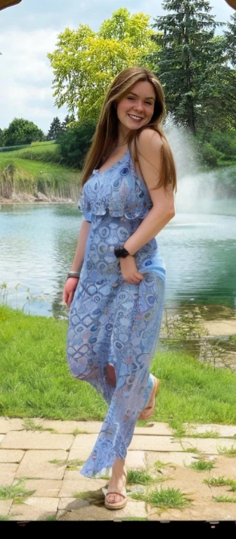 arafed woman in a blue dress standing in front of a pond, wearing a flowing sundress, wearing a flowing dress, wearing in a summer dress, long blue dress, flowing dress, blue swirling dress, wearing a long flowery dress, wearing sundress, wearing a long flowy fabric, sundress, cute sundress, Big tits, huge tits, no clothes, sexy, cute, wide hips, thick thighs, pear-shaped body, minimal clothes, thick, bbw, chubby stomach, thick nipples, nipple piercings, large areola, hard nipples, piercing through shirt, nipples hard through shirt, busty, major cleavage, naked, ripping through top, spilling over sides, bra too tight, giant tits
