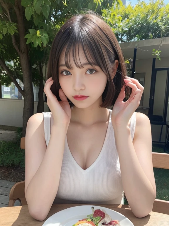 finely, High resolution, high quality、完璧なダイナミックな構shape, beautiful and detailed eyes, short hair, small breasts、natural color lip,Kamimehibuya、20 year old girl、1 person、transparent skin、shining hair、table top, 最high quality, shape, Super detailed, finely, High resolution, 8K、correct state of the human body、self snap、hair blowing in the wind