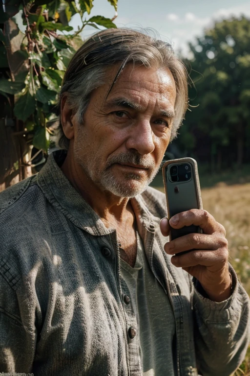 (bewildered person),(older man),(standing in a field),(group of cows),(staring at the man),(holding a cell phone),(trying to get reception),(countryside background),(peaceful atmosphere),(golden sunlight),(vibrant colors),(high contrast),(painterly texture),(detailed facial expression),(wrinkles on his face),(grey hair),(curiosity in his eyes),(rustic feel),(naturalistic lighting),(photorealistic rendering),(best quality,4k,8k,highres,masterpiece:1.2),(ultra-detailed),(realistic:1.37),(vivid colors),(bokeh).