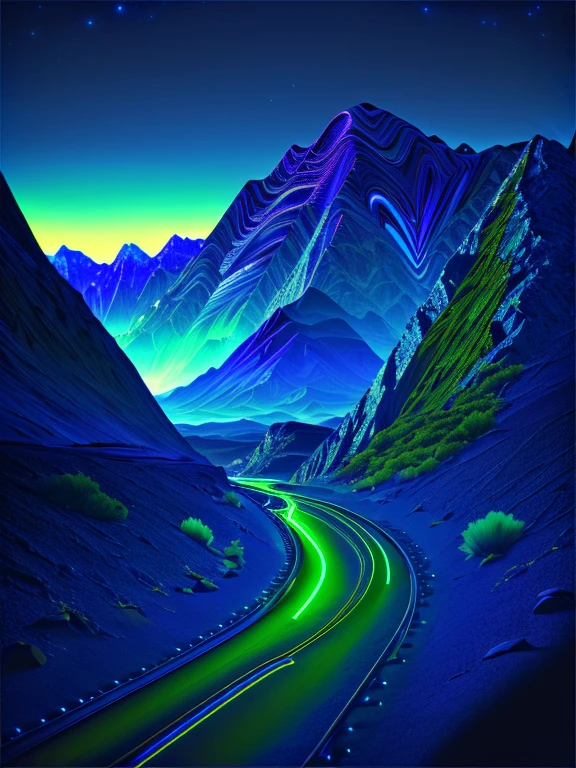 onda retro, camino, selva, dark blue and green neon lights, sol, mountain, cielo nocturno, futurista, (obra maestra, ultra detallado, high resolution)