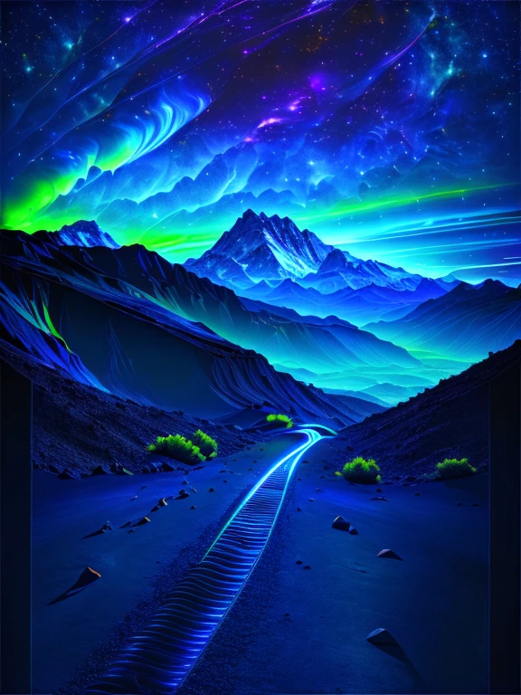 onda retro, camino, selva, dark blue and green neon lights, sol, mountain, cielo nocturno, futurista, (obra maestra, ultra detallado, high resolution)