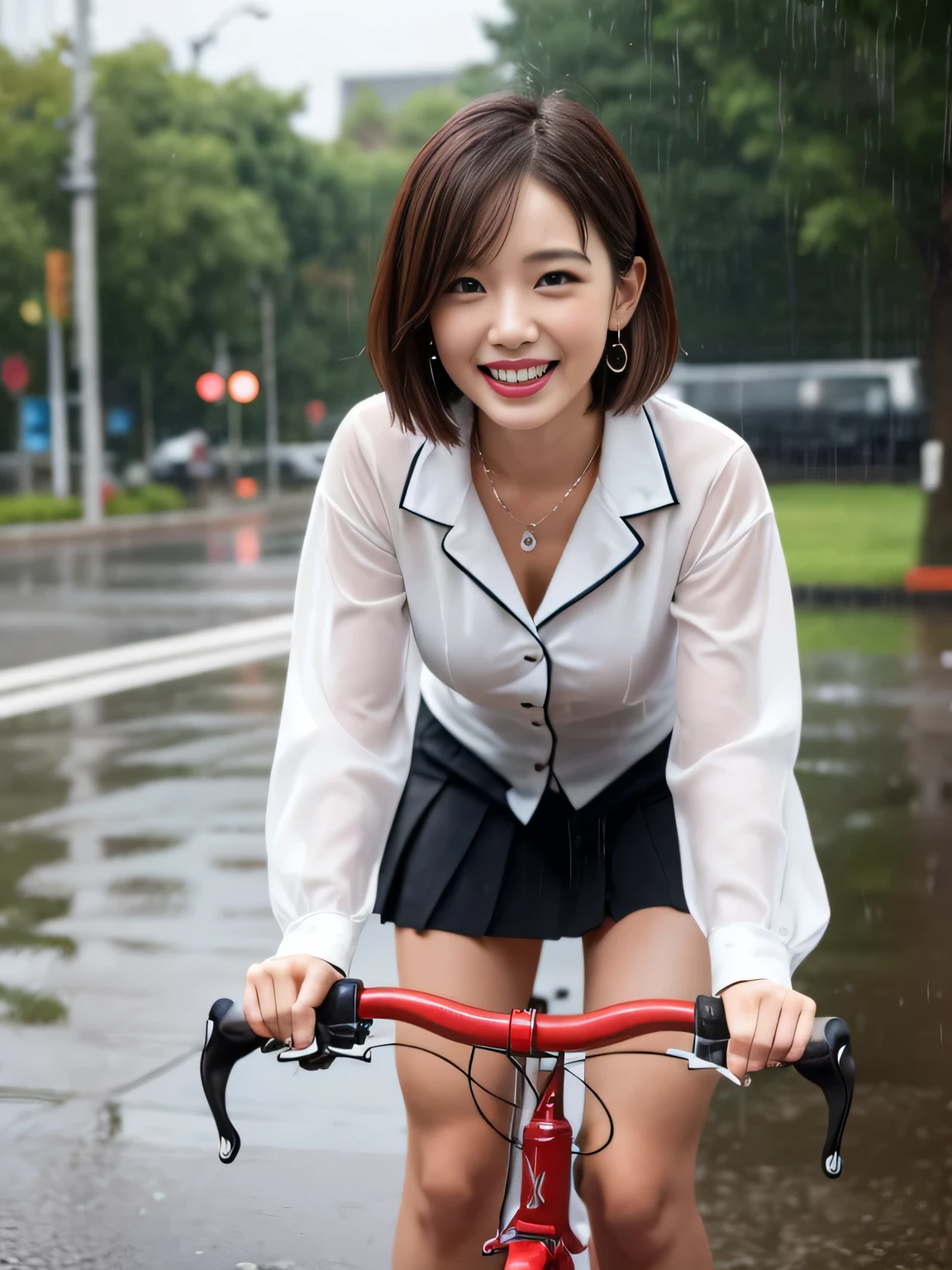 girl alone in the rain、blush、((Red Bicycle))、((Riding a bicycle and smiling))、look at the audience、heavy rain、big and full breasts、A sheer white sailor suit that sticks to your chest when wet、skirt、Girl in Japan uniform and girl in the rain 、Pedaling a bike in the rain、Floral、hairpin、necklace、earrings、Getting wet and leaning forward、look up from below、Depth of written boundary、尖ったred mouth、short hair of reddish-brown color wet and shiny,,,,,,,red mouth,black eye、clavicle、beautiful fingers、hourglass body、full body portrait、Loosen your tie、cute wet face、