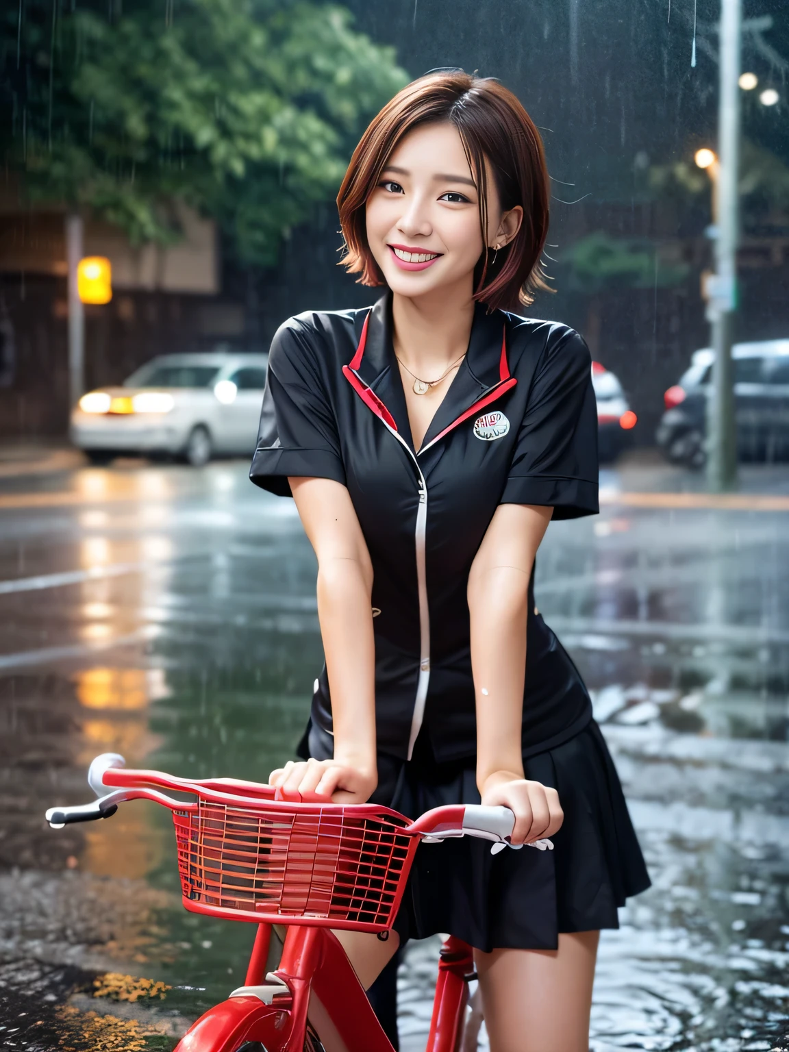 girl alone in the rain、blush、((Red Bicycle))、((Riding a bicycle and smiling))、look at the audience、heavy rain、big and full breasts、A sheer white sailor suit that sticks to your chest when wet、skirt、Girl in Japan uniform and girl in the rain 、Pedaling a bike in the rain、Floral、hairpin、necklace、earrings、Getting wet and leaning forward、look up from below、Depth of written boundary、尖ったred mouth、short hair of reddish-brown color wet and shiny,,,,,,,red mouth,black eye、clavicle、beautiful fingers、hourglass body、full body portrait、Loosen your tie、cute wet face、