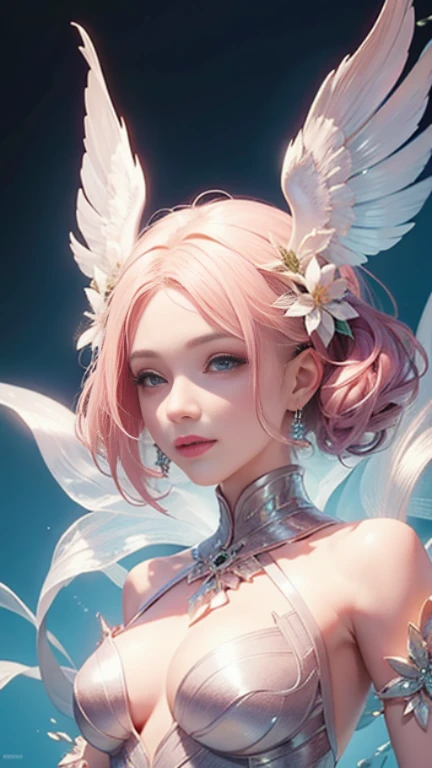 Anime girl with white hair and pink dress surrounded by flowers, astral fairy, big white glowing wings, beautiful celestial mage, white haired god, ethereal wings, Kushatt Krenz Key Art Women, anime fantasy artwork, space flower fairy, anime fantasy illustration, by Yang J, beautiful young wind spirit, 8k hd wallpaperjpeg artifact, irelia