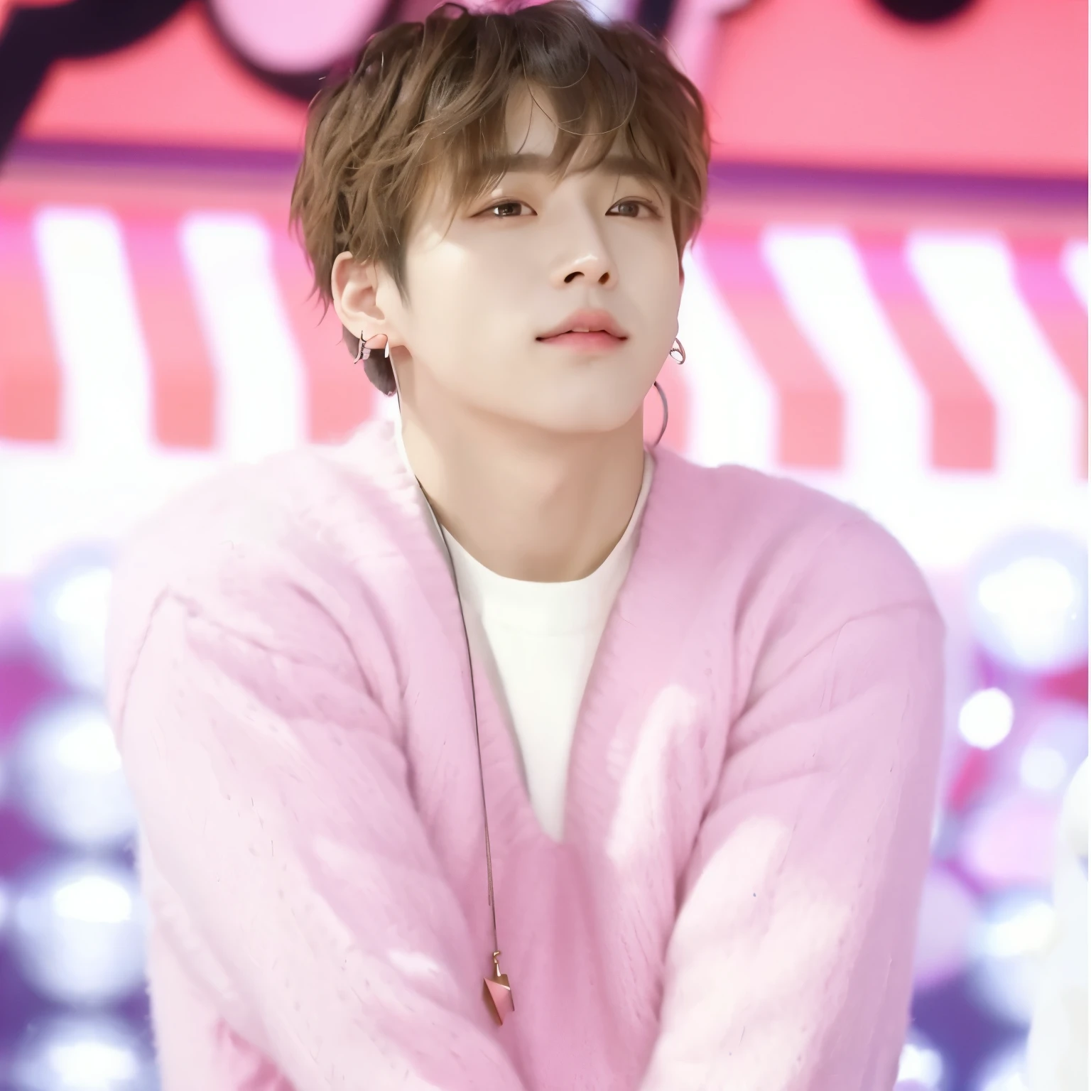 a close up of a person wearing a pink sweater and earrings, cai xukun, jungkook, hyung tae, jimin\'s plump lips, ten lee, jia, inspired by Bian Shoumin, hong june hyung, wan adorable korean face, jimin\'s right eyelid swollen, wry smirk, innocent look, mischievous look, park jimin