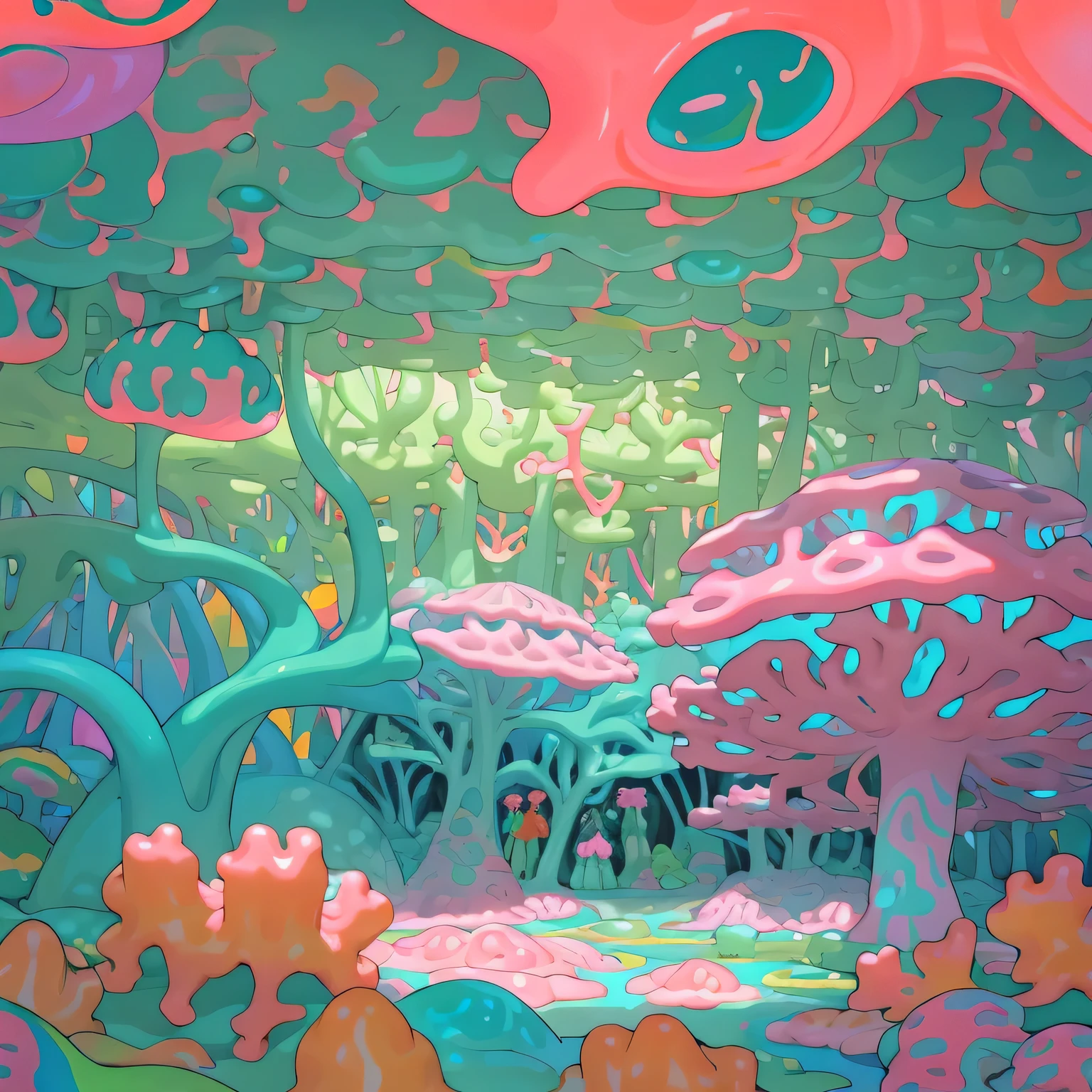 plastic mysterious organic coral structure pastel teal yellow green pink orange inflatable psychedelic world lush forest landscape by bruce pennington and kevin wada and Yayoi Kusama