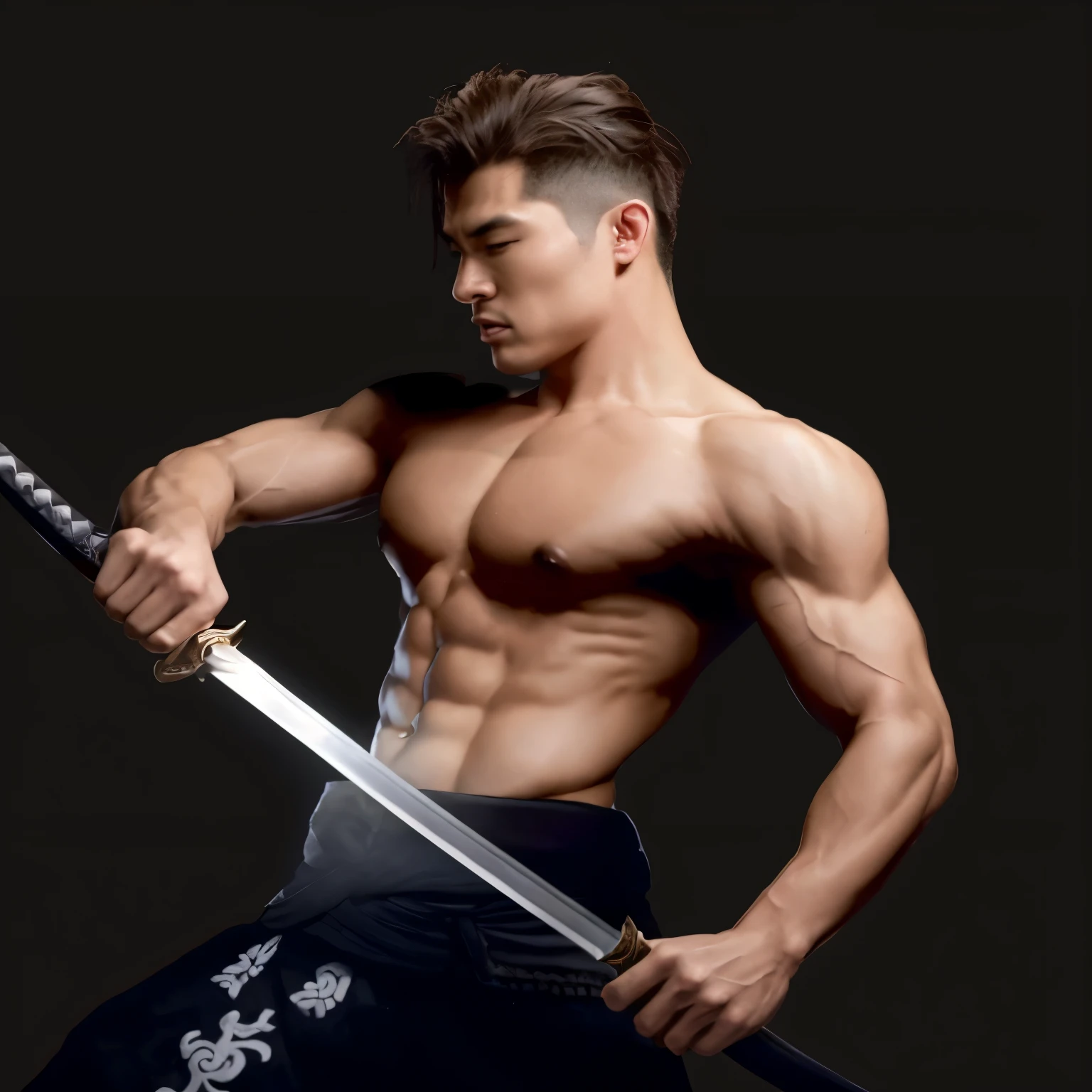 hombre arafed sosteniendo una espada y una espada en la mano, [ rigidly defined abs ]!!, swordsman, Cuerpo de guerrero, cuerpo de sangre fuerte, con espada grande, hombre surcoreano, inspirado por Kim Hwan-gi, Poderoso guerrero, lean and Muscular, Muscular!!, lean but Muscular, Poderosa postura agresiva de la espada, dramatic wielding sword pose