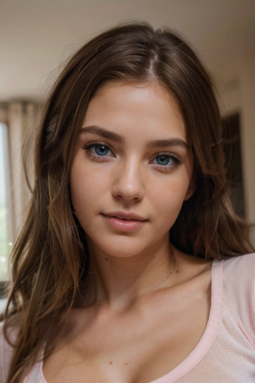 Beautiful brunette with blonde highlights wearing pink t-shirt (in a home), highly detailed, 22 years old, , innocent face, natural wavy hair, blue eyes, high resolution, Intricate high detail, Highly detailed, Sharp focus, Detailed skin, realistic skin texture, texture, detailed eyes, professional, charming smile, shot on Canon, shallow depth of field, Kodak Vision Color, Perfect Fit Body, extremely detailed, photography_\(ultra\), Realistic, Post-processing, maximum details, roughness, real life, ultra realistic, Photorealism, photography, 8k UHD, photography, sexy, 85mm, Photorealistic, Masterpiece, Best quality, 4k