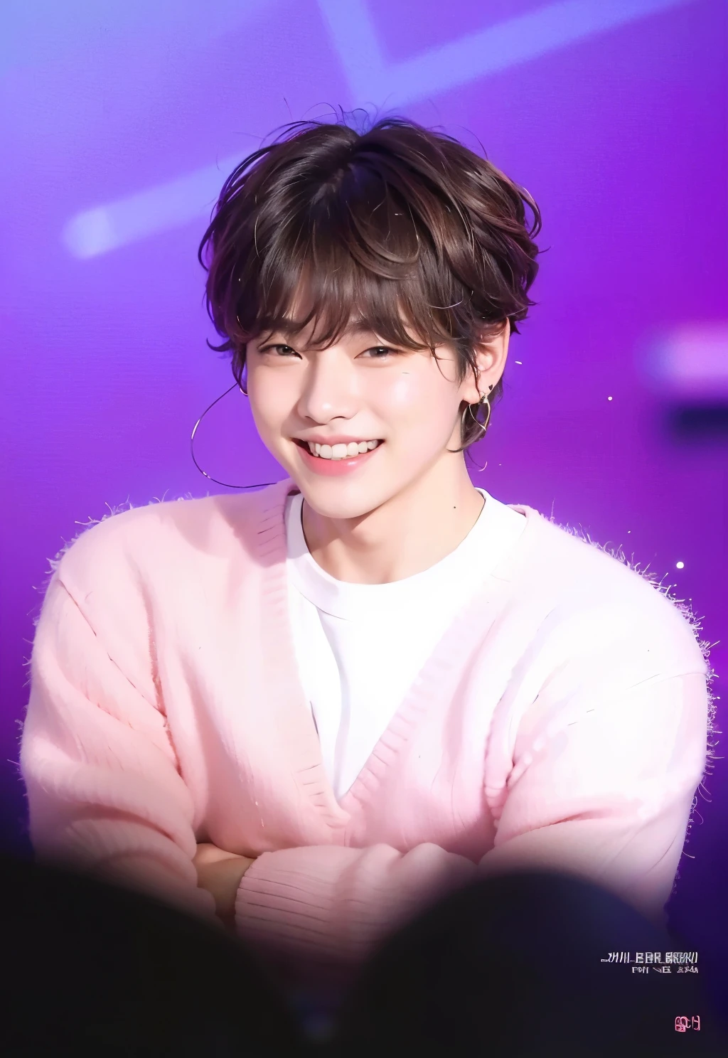 a close up of a person wearing a pink sweater and a pink sweater, cai xukun, jungkook, coy smile, joyful smirk, wan adorable korean face, wry smirk, park jimin, hyung tae, smiling coy, charming smile, he has short curly brown hair, jung jaehyun, jimin, smiling sweetly, mark lee, jinyoung shin