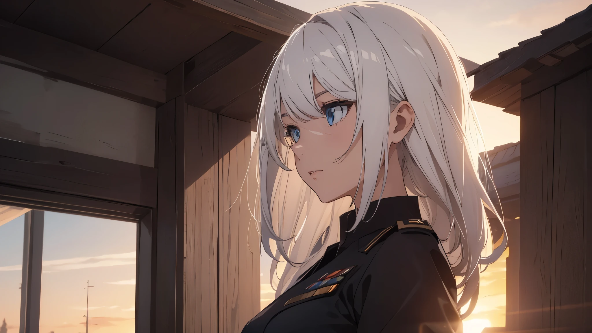 The Perfect Girl, perfect details, Ultra HD |, 8K, Professional photo(extremely detailed CG unity 8k wallpaper), (masterpiece), (best quality), (ultra-detailed), (best illustration), (best shadow), (absurdres), 2b, 1girl, long hair, normal size , white hair, Intimidating women, admiral uniform, night, hero pose, white clothes, General Uniform, Military Uniform, Dawn, exposed to sunlight, commander, black clothes, sunkissed, sunset background