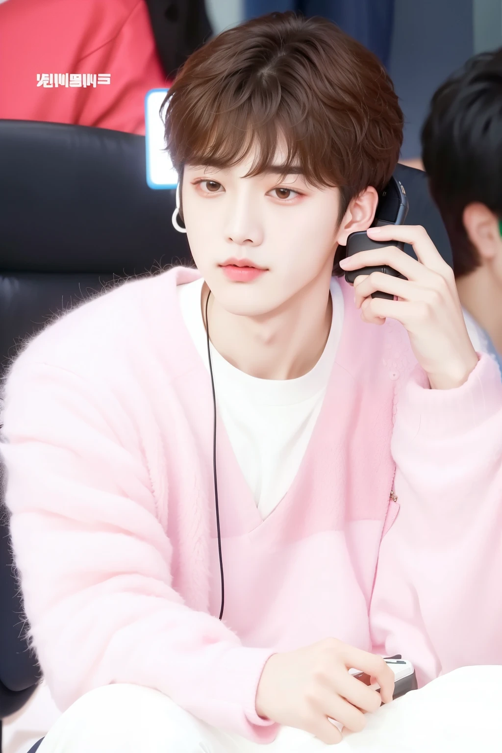 a close up of a person sitting on a chair talking on a cell phone, cai xukun, jungkook, jung jaehyun, hyung tae, jinyoung shin, taejune kim, inspired by Bian Shoumin, kim doyoung, hong june hyung, shin jeongho, mark lee, ten lee, wry smirk, he has short curly brown hair