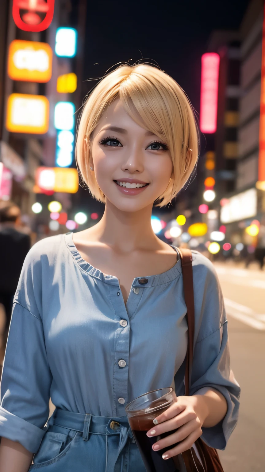 japanese idol　mature woman　Dirty makeup　A happy smile　((Blonde Shorthair))　33 years old　white blouse　neon city at night　　After drinking alcohol