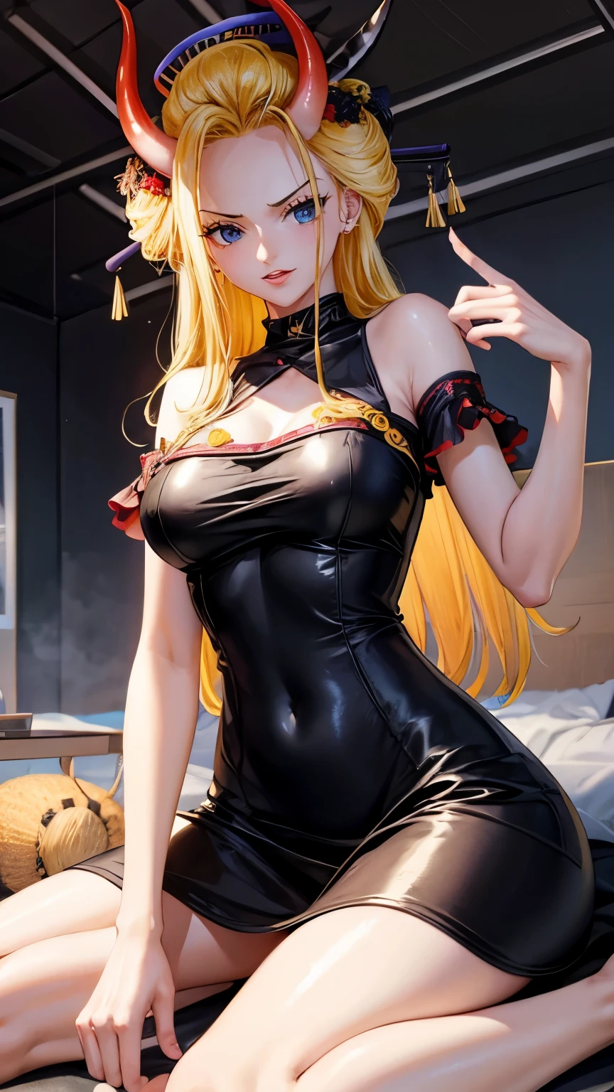 ((top-quality, 8K, masterpiece:1.3)), A detailed eye, (looking at from the front), Look at the camera, ((Everything is sparkling、reflecting light:1.2)), (Best Ratio: 4 fingers, 1 thumb),  ((Black Maria from One Piece))), long hair, yellow hair, cute face,  blushing ,big red lips, half body shot, oni horn, sitting, seiza, shy expression, beautiful body,