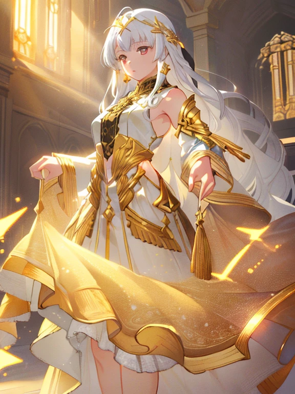 (best quality,high resolution,masterpiece:1.2),1girl,golden layered dress,shimmering,translucent,jewelry,white hair,sunlight