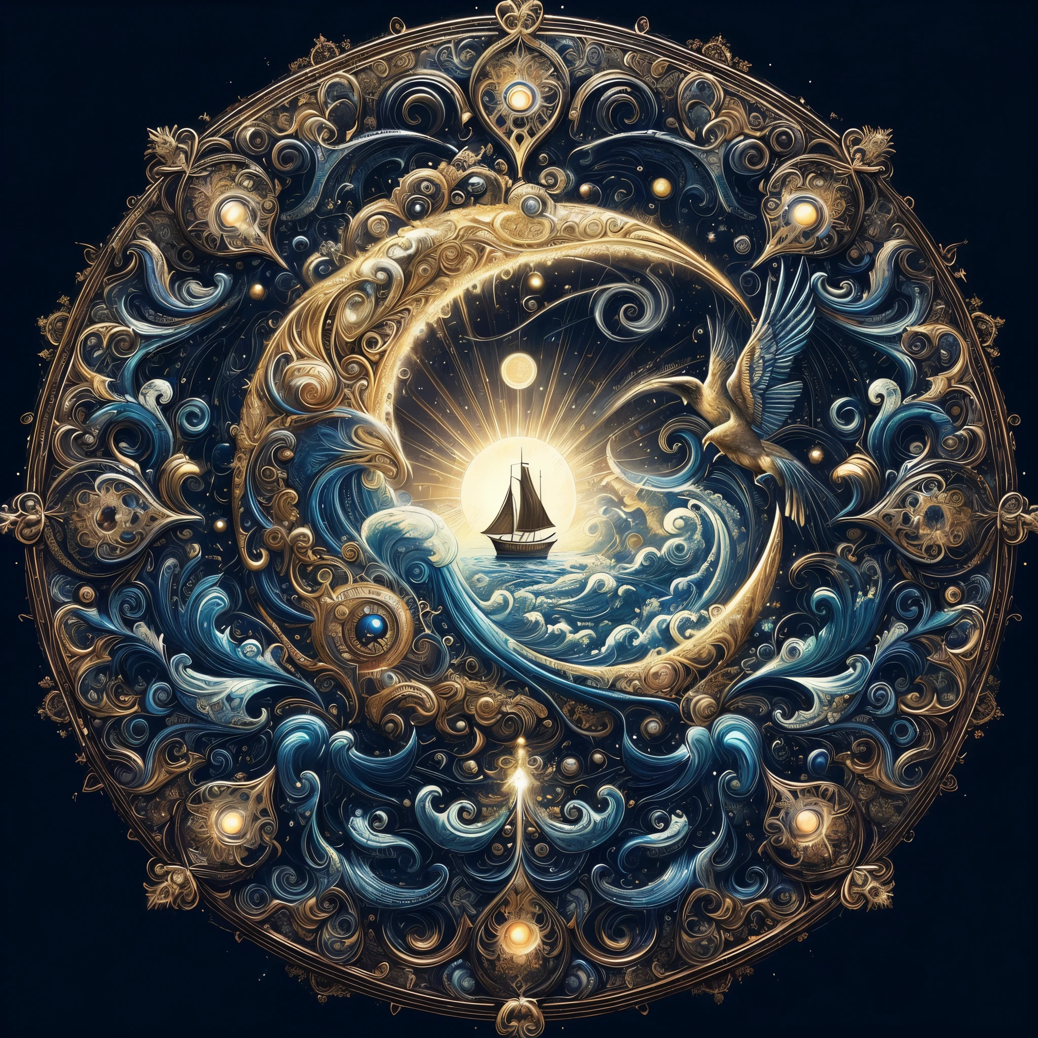 a close up of a circular artwork with a boat in the middle, intricate digital painting, intricate fantasy painting, enlightenment. intricate, intricate oil painting artwork, intricate detailed digital art, elaborate digital art, detailed dreamscape, digital intricate art, by Kerembeyit, intricate digital artwork, dark but detailed digital art, inspired by Kerembeyit