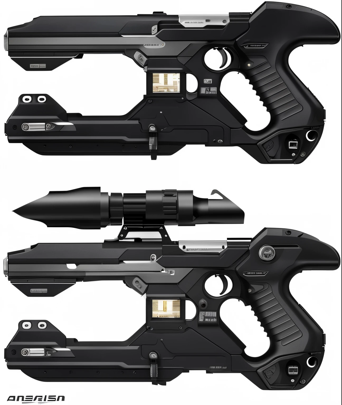 a close-up of two different types of weapons with different parts, Projeto de arma, arte conceitual de arma, design de arma realista, Fuzil Gauss, arte conceitual de armas, gun art reference, fuzil de assalto futurista, Sci-fi gun, arma futurista, arma futurista shotgun, arte conceitual de alto detalhe, Projetos de conceito de armamento, pistola futurista, arma futurista, fuzil de pulso
